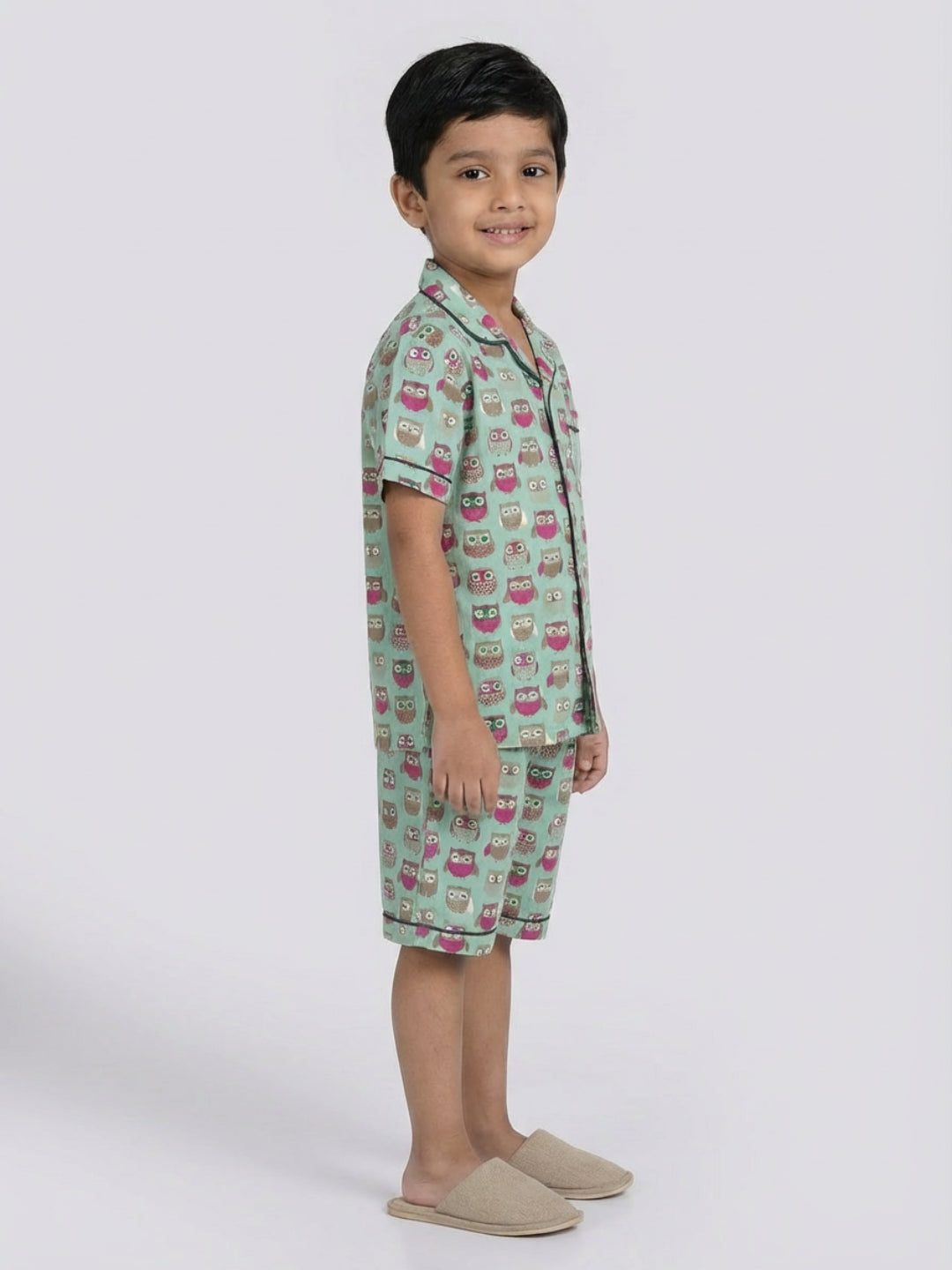 Biglilpeople Kids Unisex Owl Printed Sage Green Color Pure Cotton Short Sleeves Shirt & Shorts Nightsuit