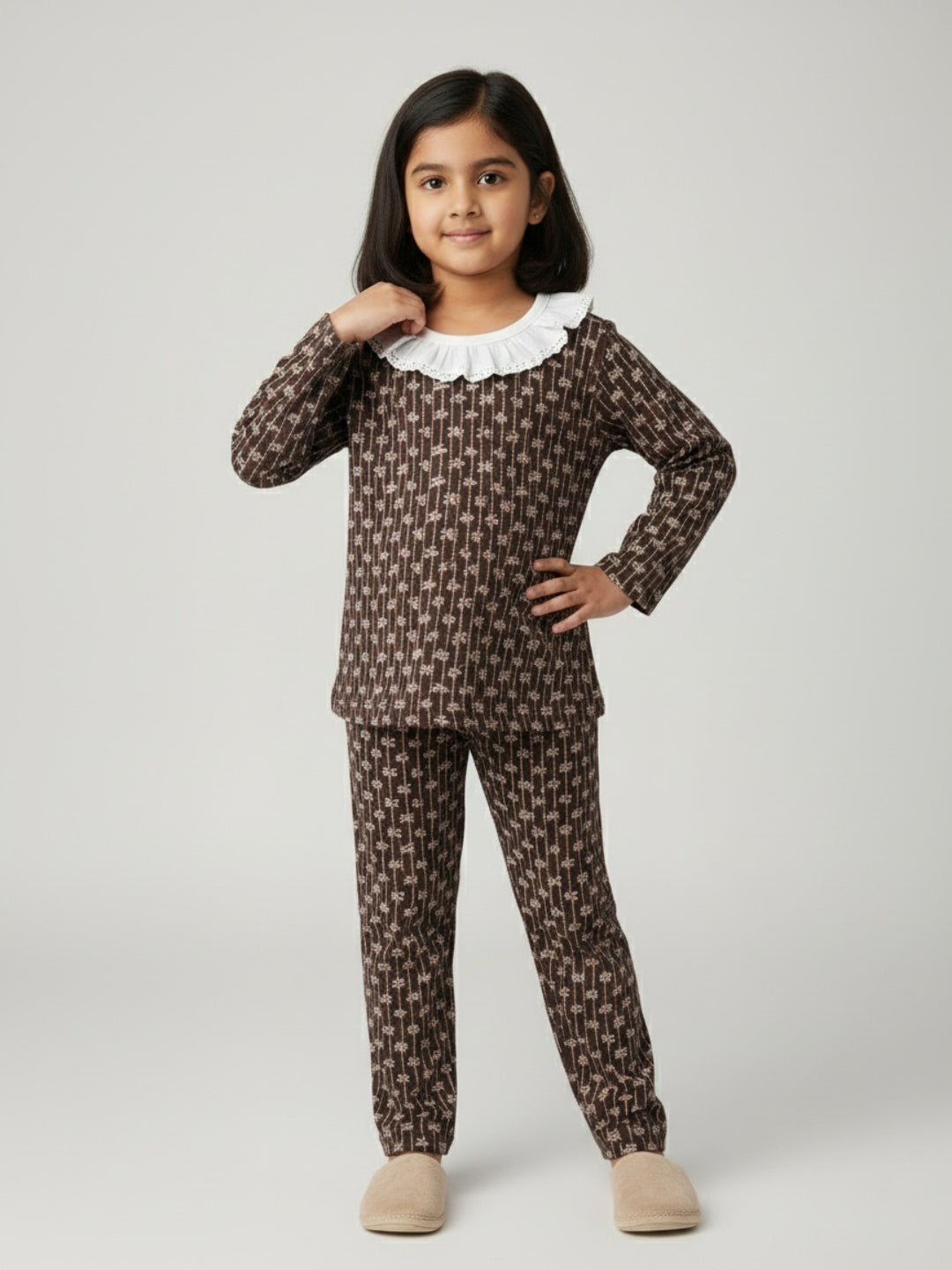 Biglilpeople Girls Brown Printed Cotton Night Suit with Lace Collar