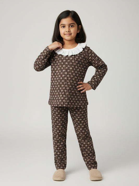 Biglilpeople Girls Brown Printed Cotton Night Suit with Lace Collar