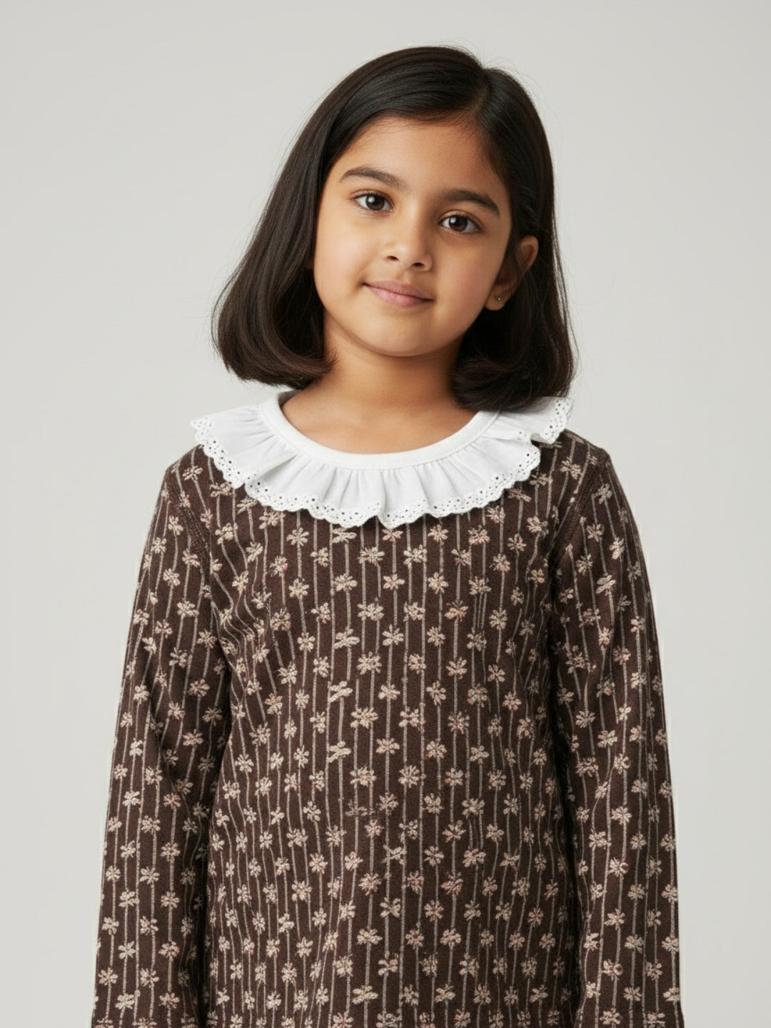 Biglilpeople Girls Brown Printed Cotton Night Suit with Lace Collar