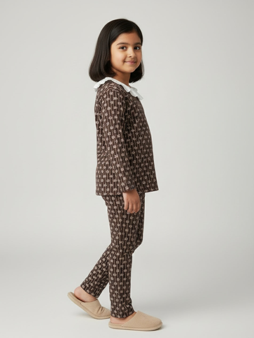 Biglilpeople Girls Brown Printed Cotton Night Suit with Lace Collar