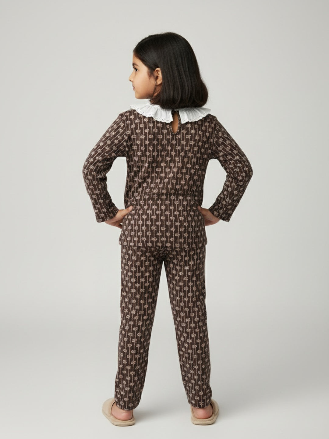 Biglilpeople Girls Brown Printed Cotton Night Suit with Lace Collar