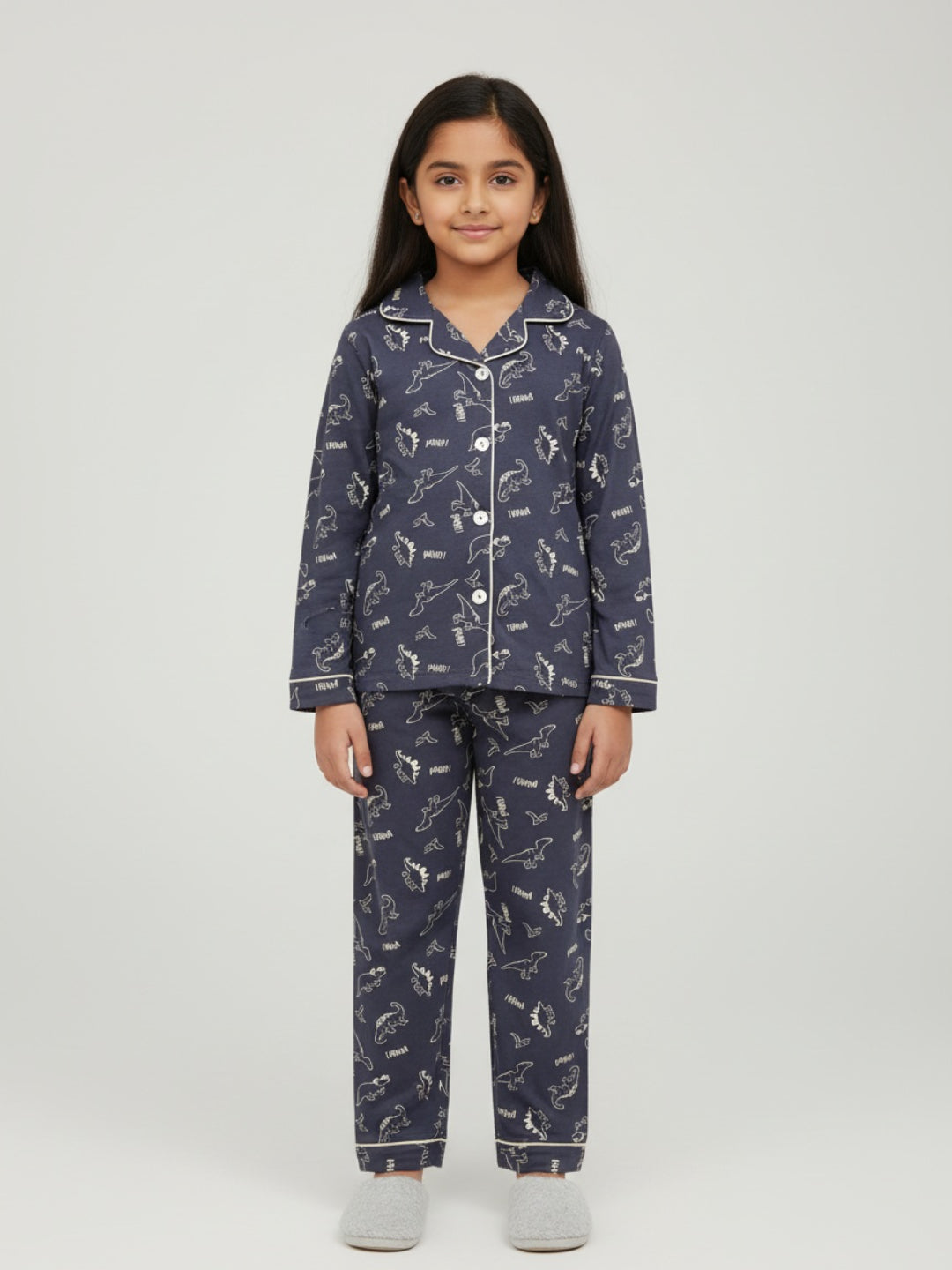 Biglilpeople Cotton Dino Print Dark Grey Night Suit