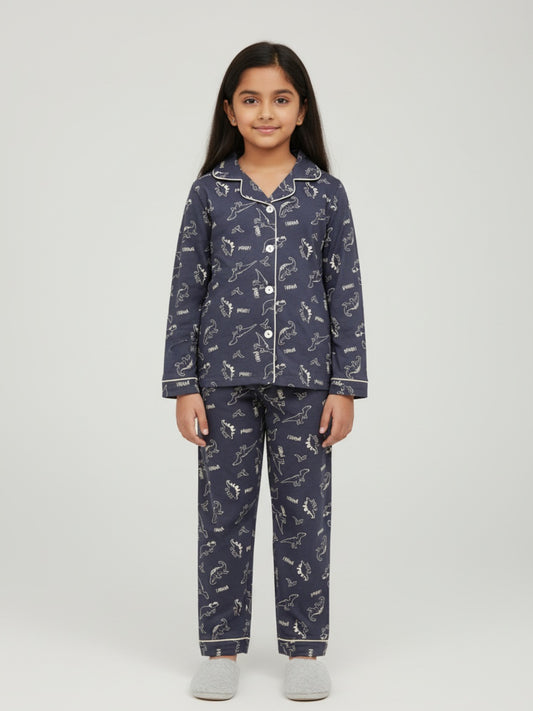 Biglilpeople Cotton Dino Print Dark Grey Night Suit