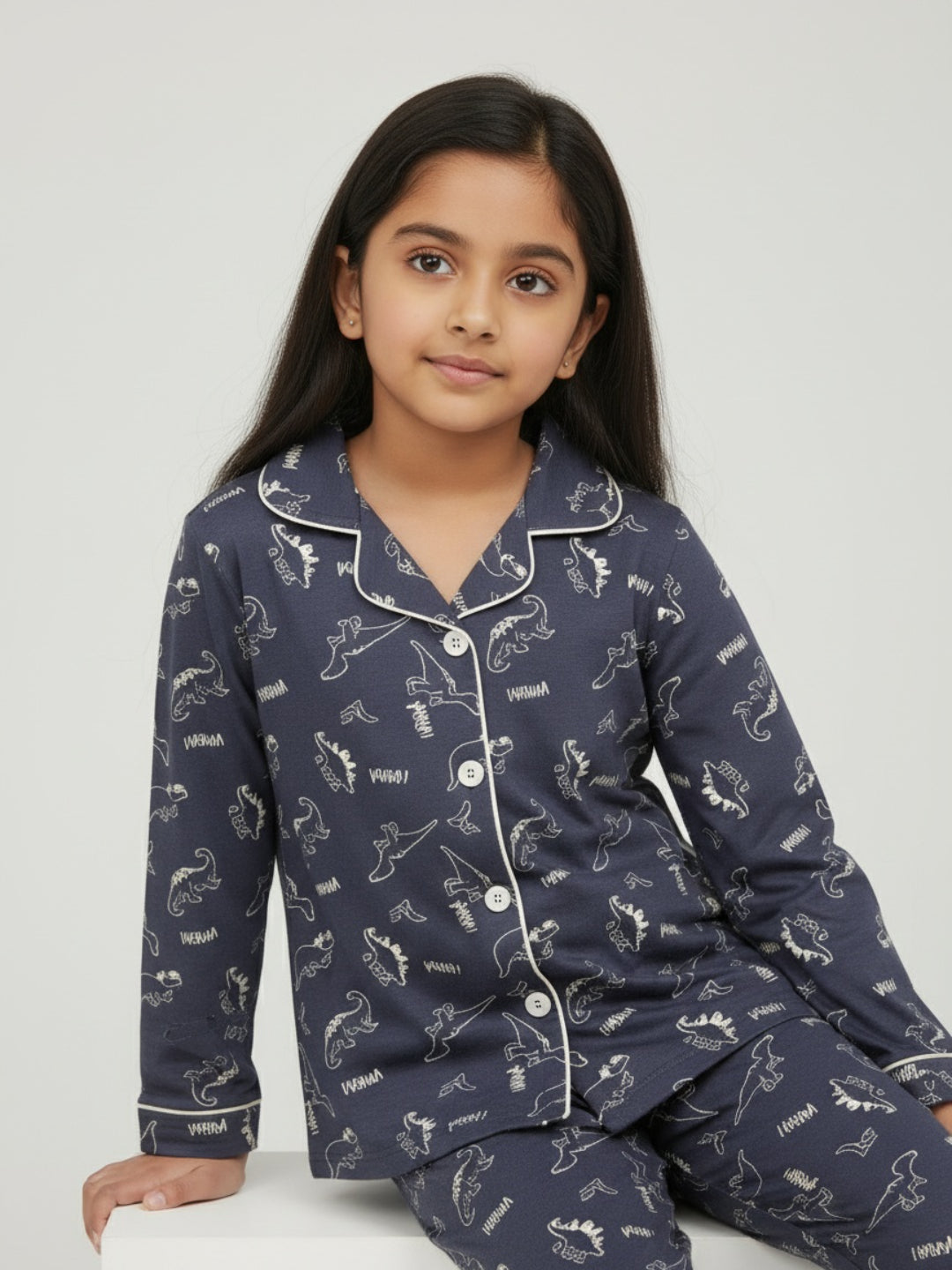 Biglilpeople Cotton Dino Print Dark Grey Night Suit