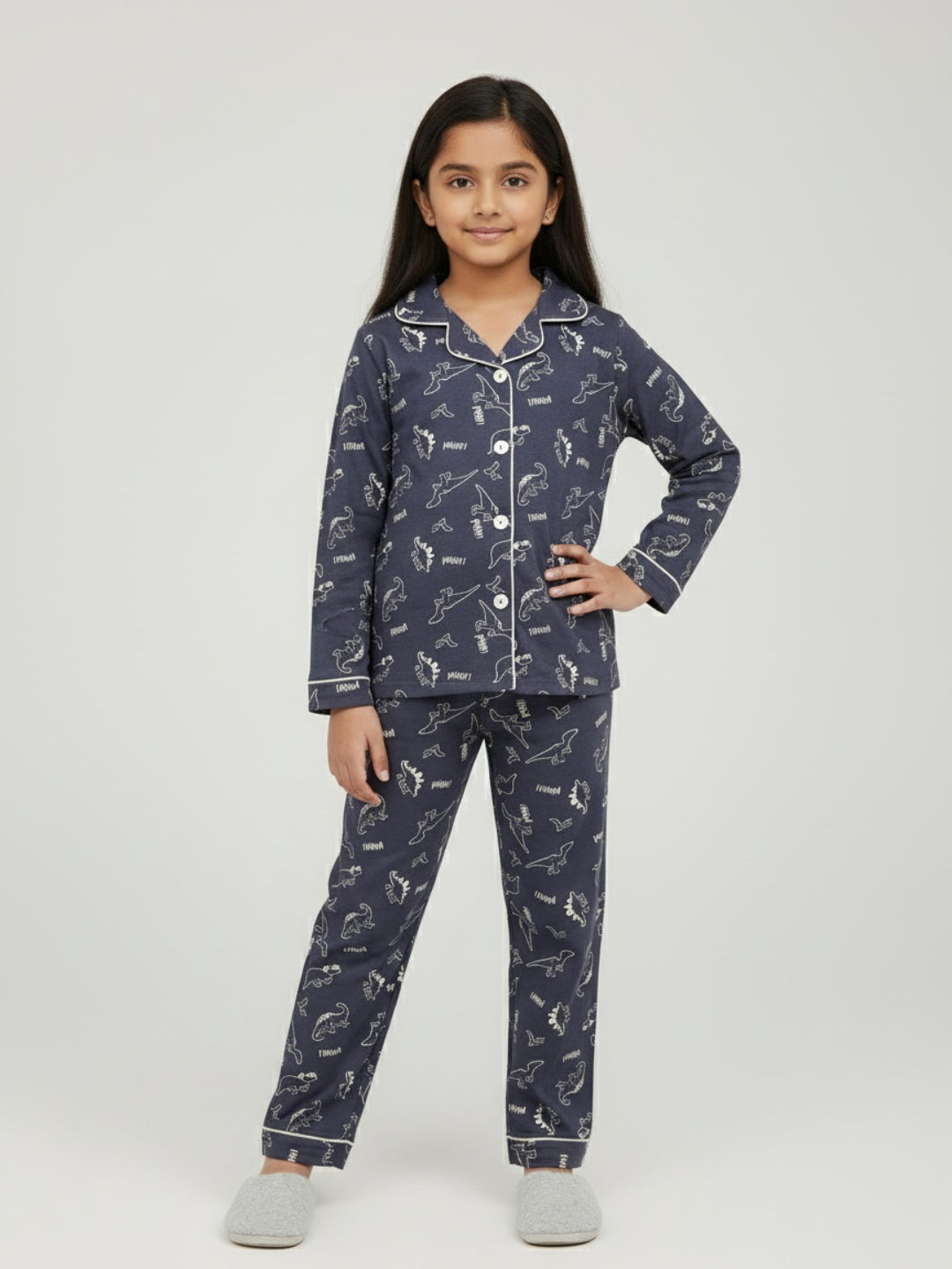 Biglilpeople Cotton Dino Print Dark Grey Night Suit