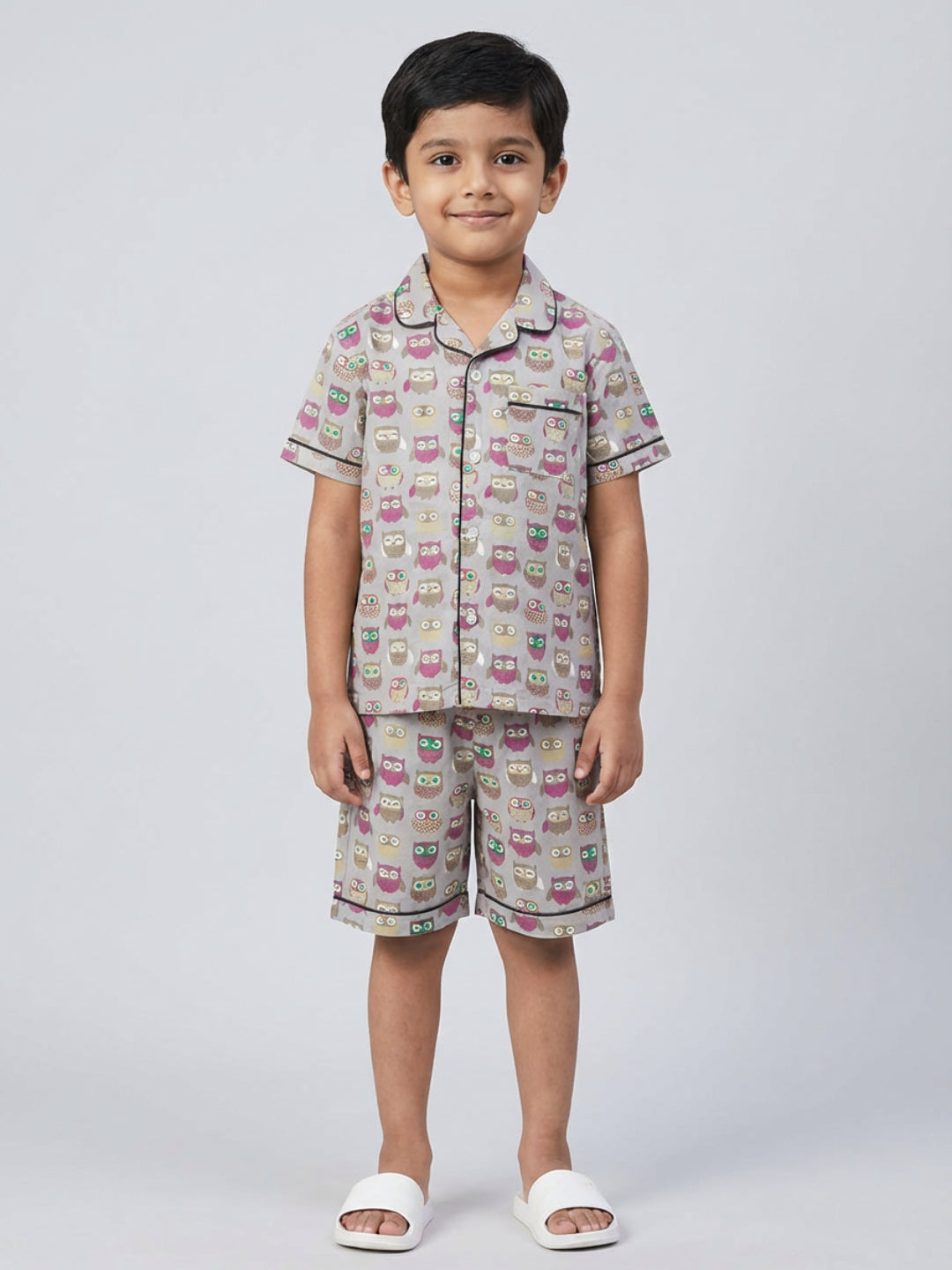Biglilpeople Boys Owl Printed Grey Color Pure Cotton Short Sleeves Shirt & Shorts Nightsuit