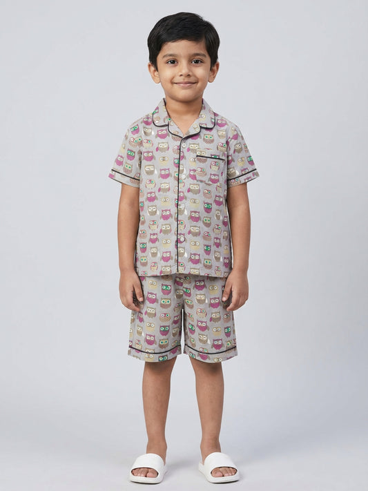 Biglilpeople Boys Owl Printed Grey Color Pure Cotton Short Sleeves Shirt & Shorts Nightsuit