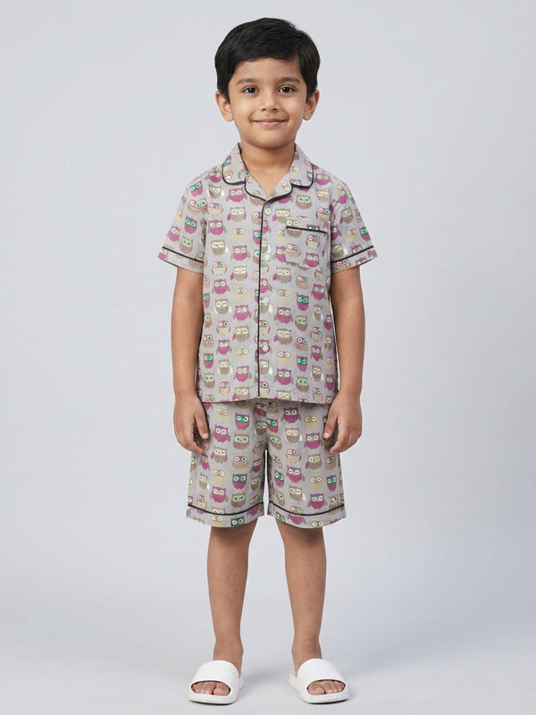 Biglilpeople Boys Owl Printed Grey Color Pure Cotton Short Sleeves Shirt & Shorts Nightsuit