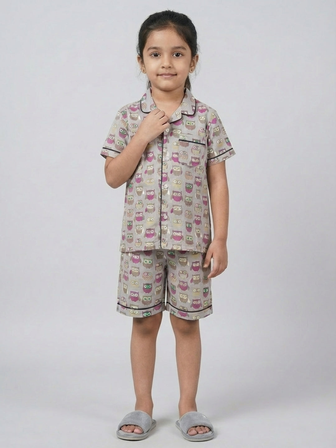 Biglilpeople Boys Owl Printed Grey Color Pure Cotton Short Sleeves Shirt & Shorts Nightsuit
