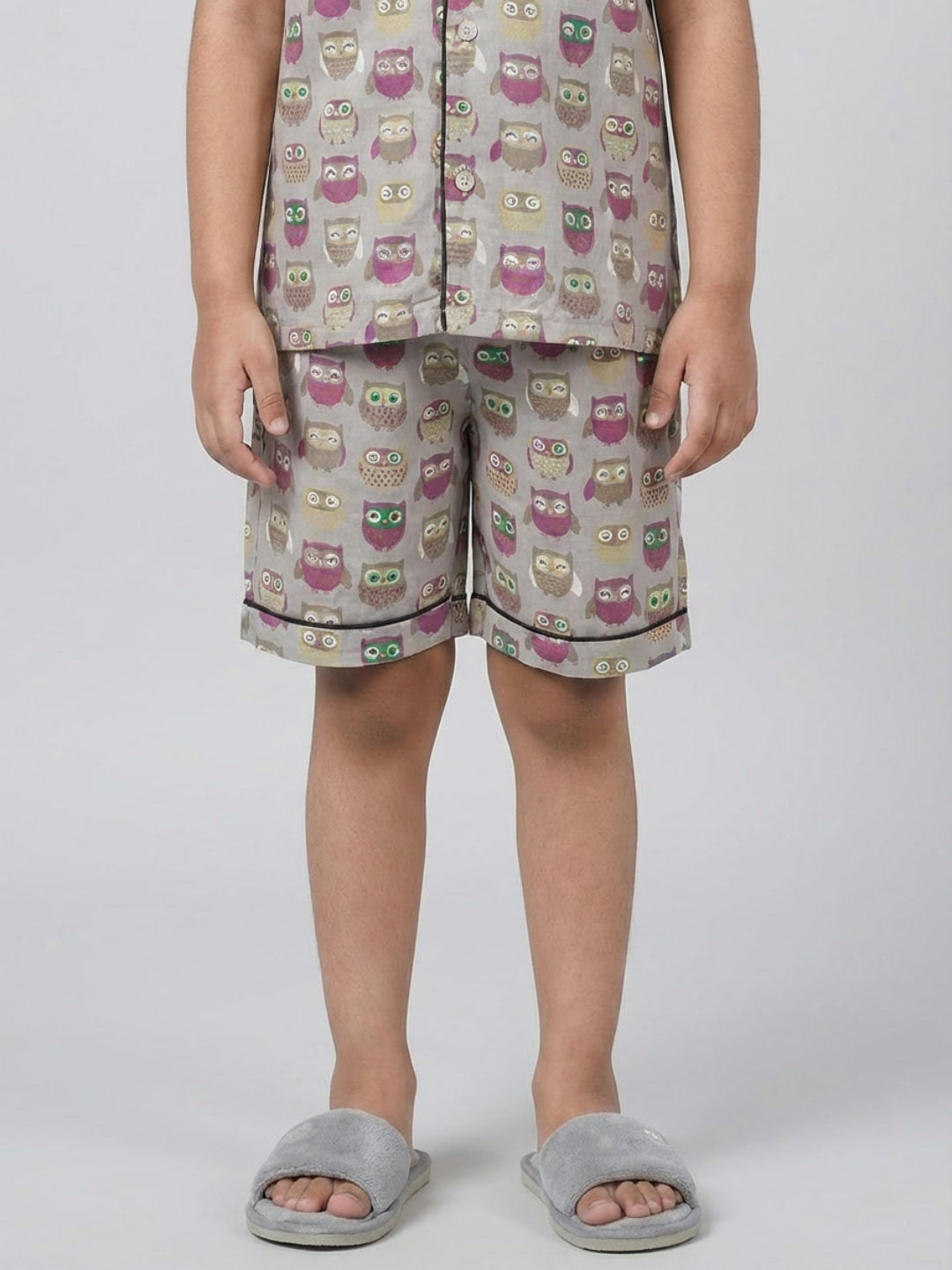 Biglilpeople Boys Owl Printed Grey Color Pure Cotton Short Sleeves Shirt & Shorts Nightsuit