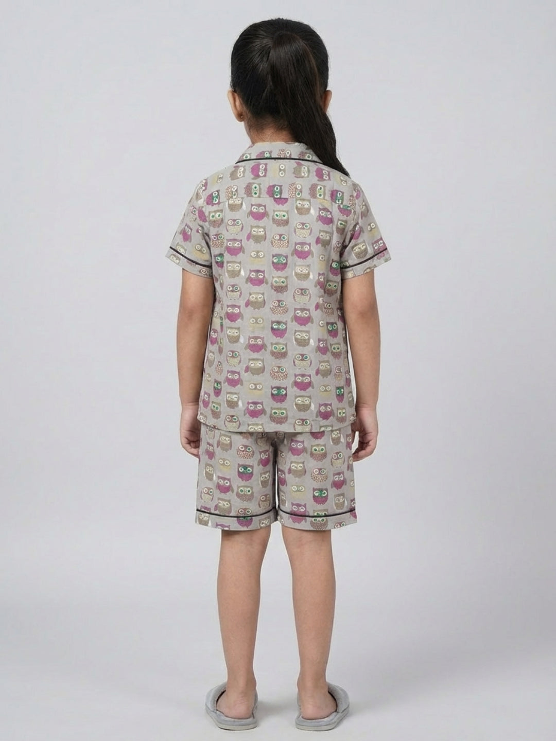 Biglilpeople Boys Owl Printed Grey Color Pure Cotton Short Sleeves Shirt & Shorts Nightsuit