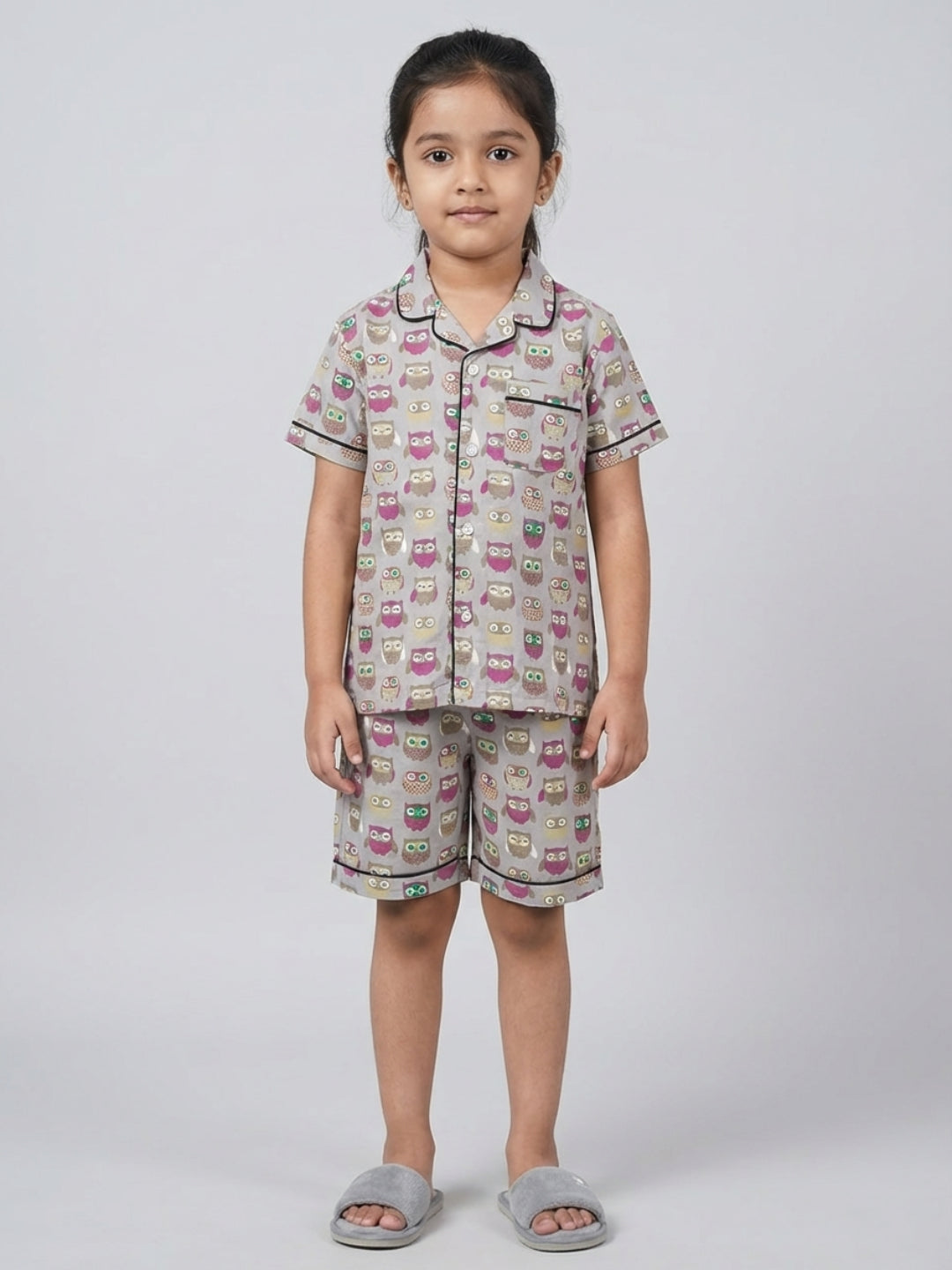 Biglilpeople Boys Owl Printed Grey Color Pure Cotton Short Sleeves Shirt & Shorts Nightsuit