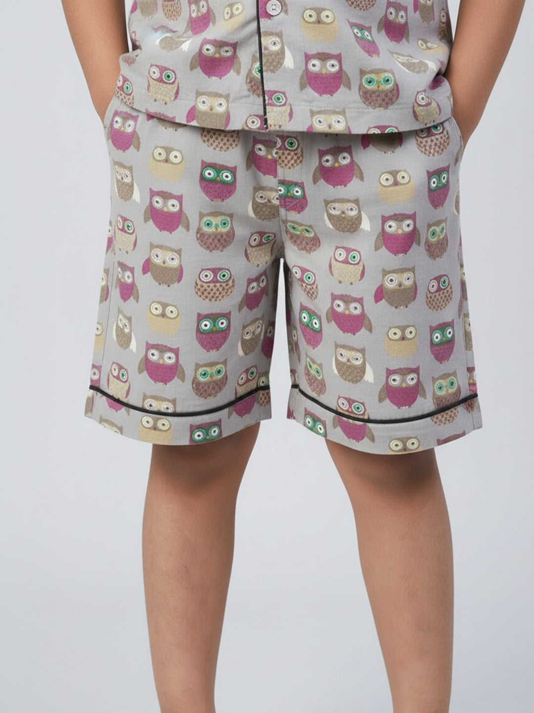 Biglilpeople Boys Owl Printed Grey Color Pure Cotton Short Sleeves Shirt & Shorts Nightsuit