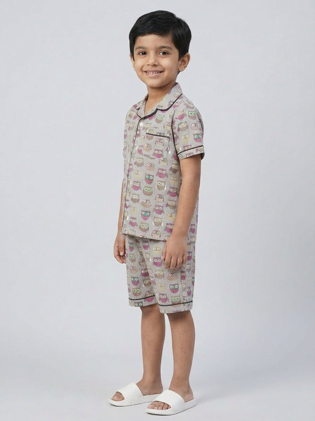Biglilpeople Boys Owl Printed Grey Color Pure Cotton Short Sleeves Shirt & Shorts Nightsuit