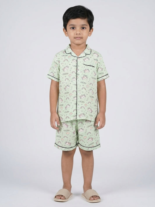 Biglilpeople Kids Unisex Unicorn Printed Pastel Green Color Rayon Short Sleeves Shirt & Shorts Nightsuit