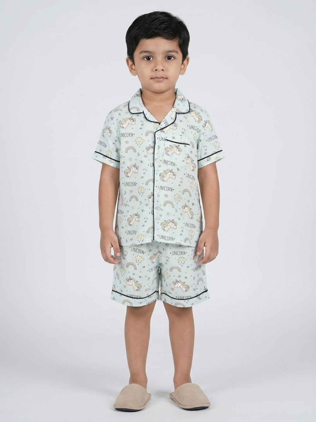 Biglilpeople - Pijama de short y camiseta de rayón en color azul pastel con estampado de unicornio unisex para niños