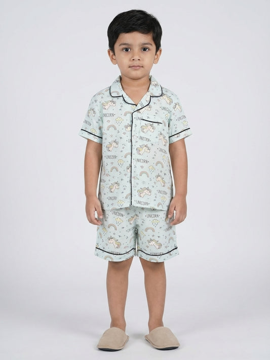 Biglilpeople Kids Unisex Unicorn Printed Pastel Blue Color Rayon Short Sleeves Shirt & Shorts Nightsuit
