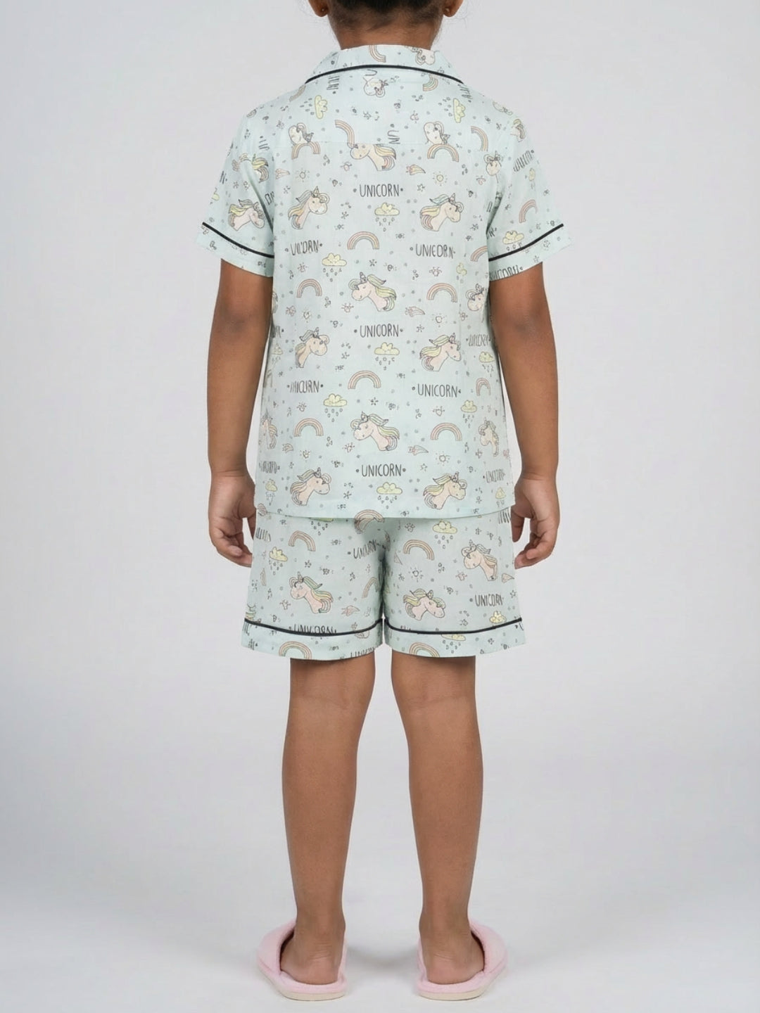 Biglilpeople - Pijama de short y camiseta de rayón en color azul pastel con estampado de unicornio unisex para niños