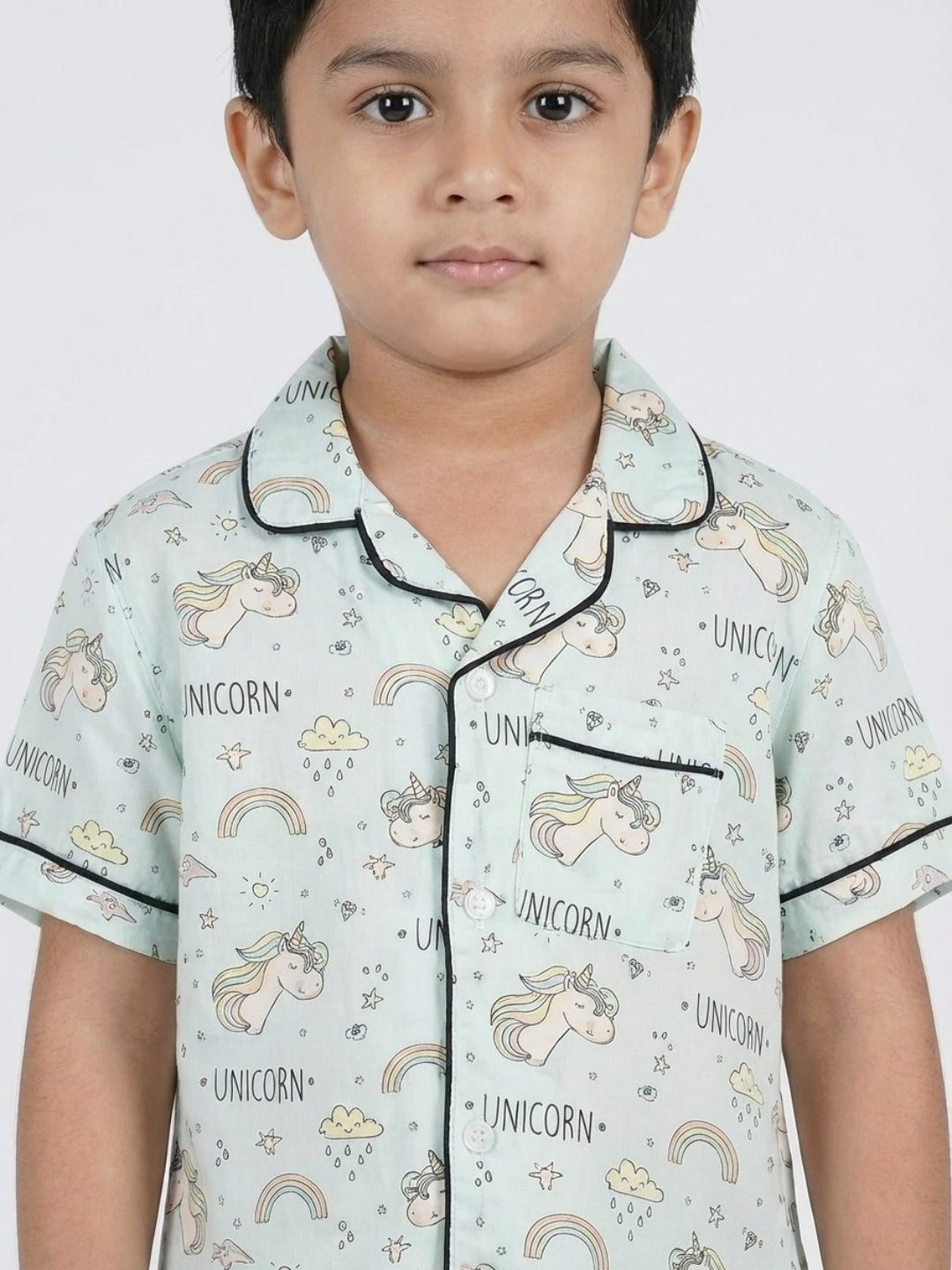 Biglilpeople Kids Unisex Unicorn Printed Pastel Blue Color Rayon Short Sleeves Shirt & Shorts Nightsuit