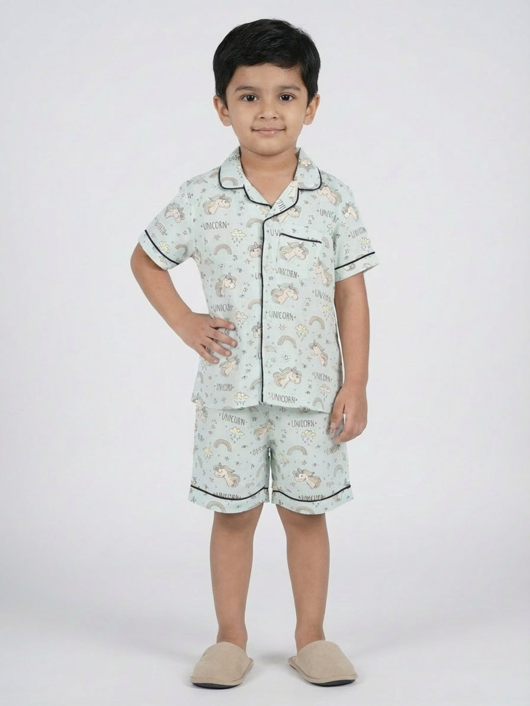 Biglilpeople - Pijama de short y camiseta de rayón en color azul pastel con estampado de unicornio unisex para niños