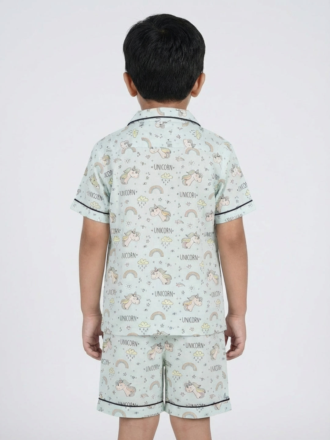 Biglilpeople - Pijama de short y camiseta de rayón en color azul pastel con estampado de unicornio unisex para niños