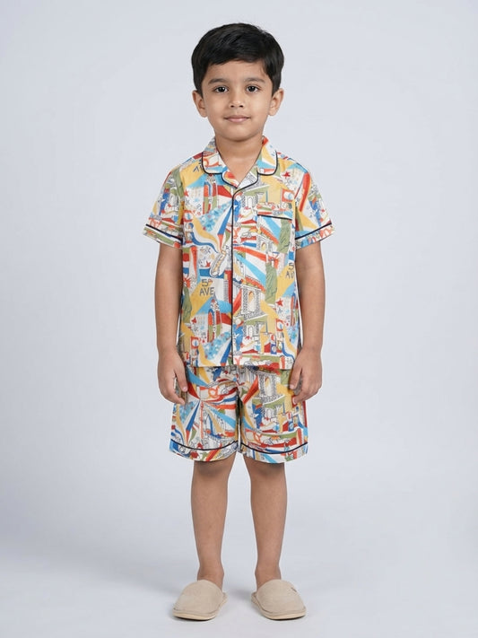 Biglilpeople Boys NYC Downtown Printed Pure Cotton Short Sleeves Shirt & Shorts Nightsuit