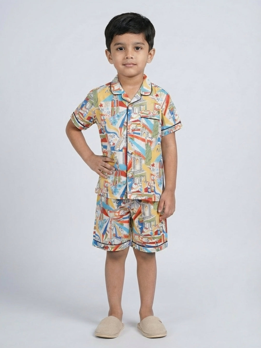 Biglilpeople Conjunto de Pijama de Camiseta de Manga Corta y Pantalones Cortos de Algodón Puro con Estampado NYC Downtown para Niños