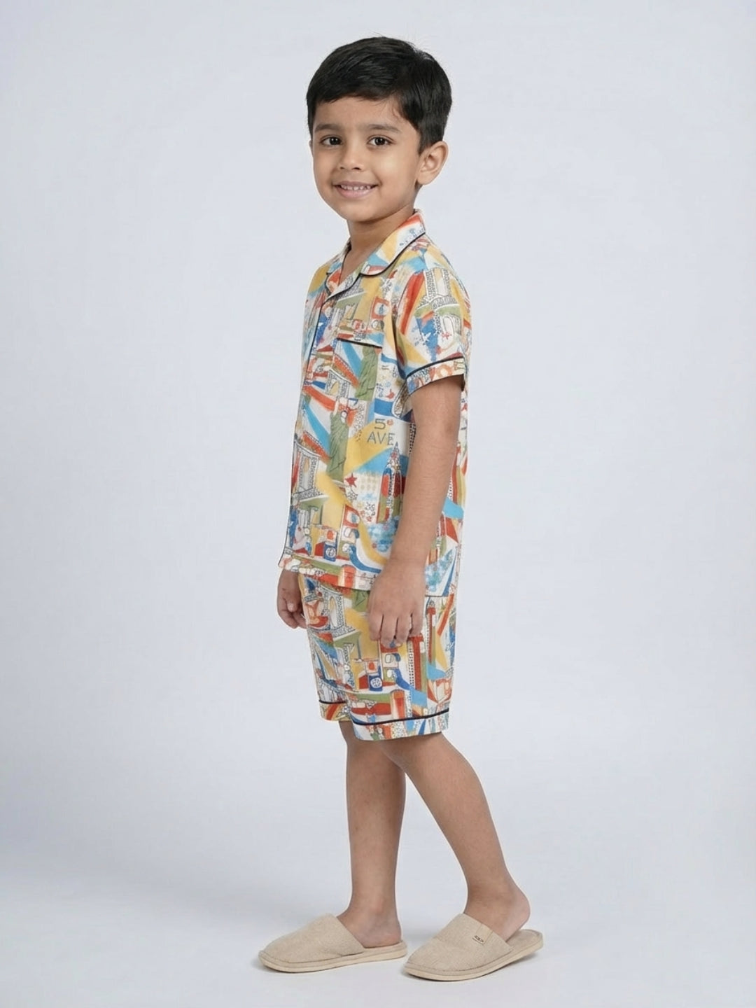 Biglilpeople Conjunto de Pijama de Camiseta de Manga Corta y Pantalones Cortos de Algodón Puro con Estampado NYC Downtown para Niños