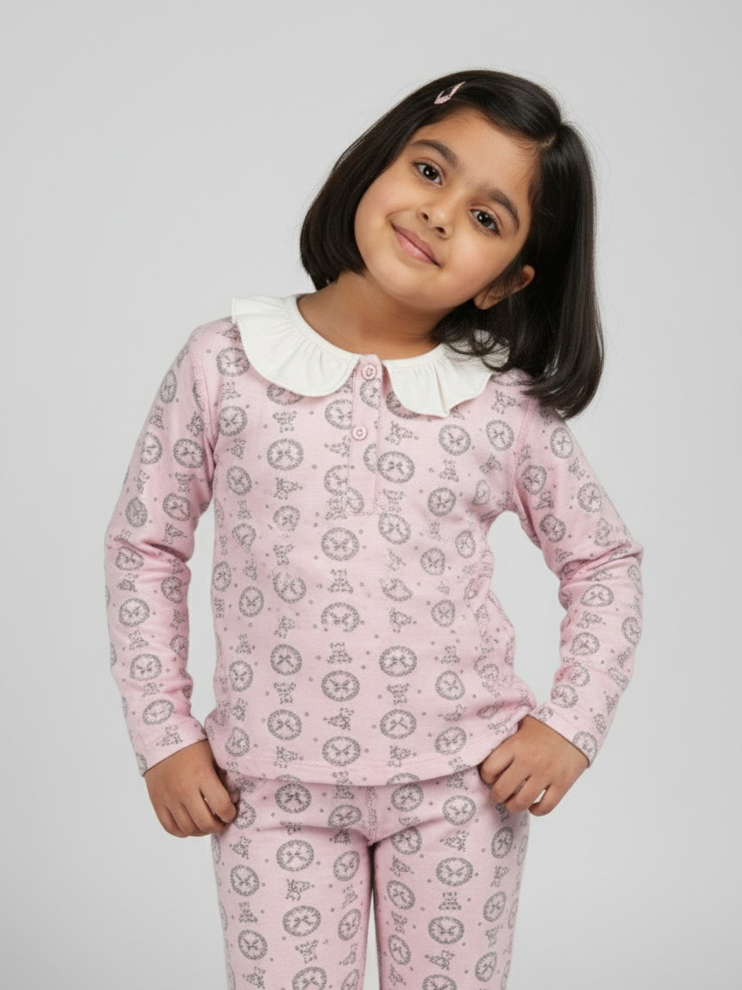 Biglilpeople Girls Pink Printed Cotton Night Suit with White Collar