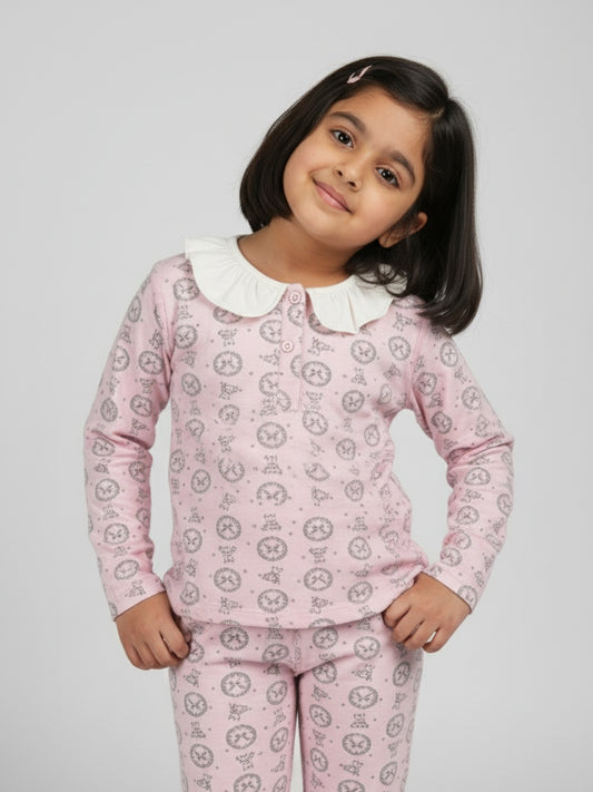 Biglilpeople Girls Pink Printed Cotton Night Suit with White Collar