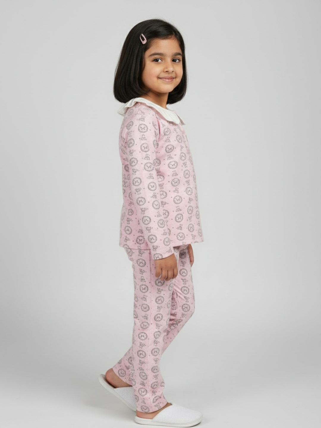 Biglilpeople Girls Pink Printed Cotton Night Suit with White Collar