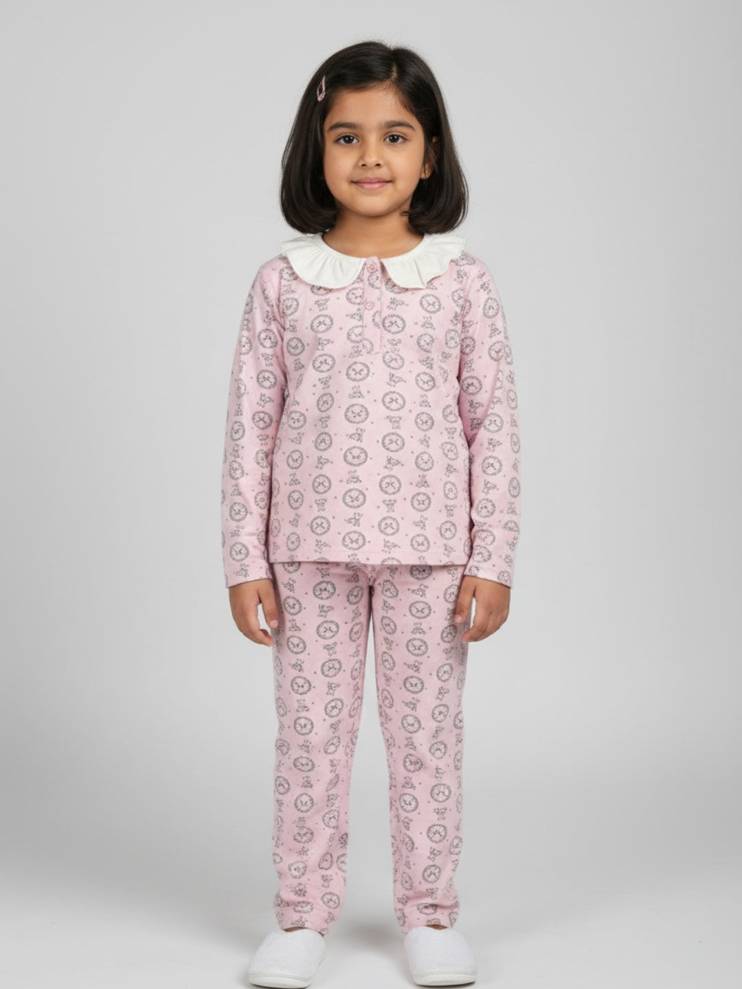 Biglilpeople Girls Pink Printed Cotton Night Suit with White Collar