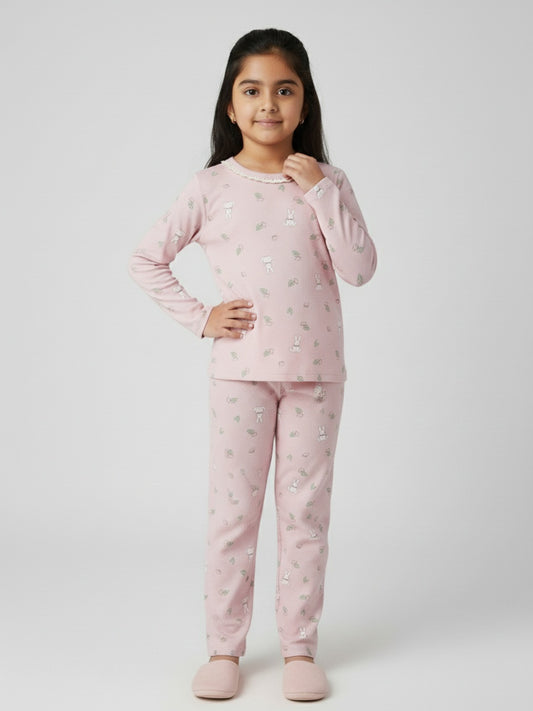 Biglilpeople Girls Pink Cotton Printed Nightwear Set