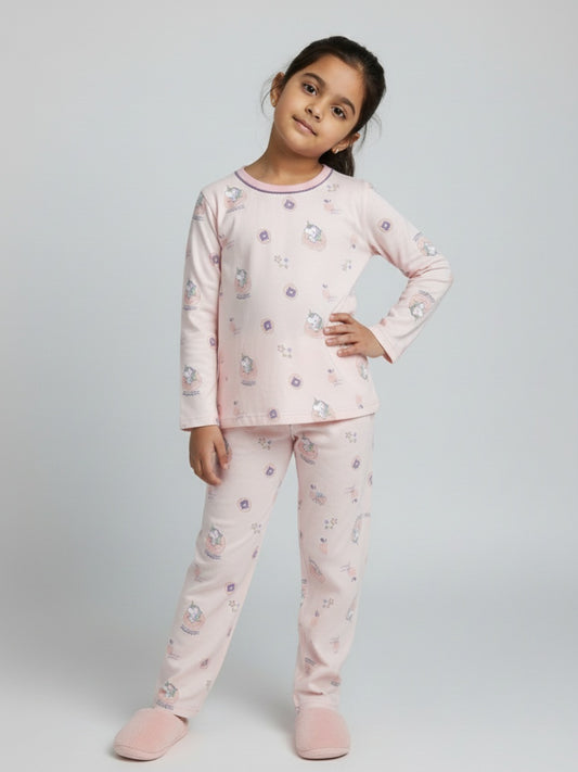 Biglilpeople Girls Pink Printed Cotton Nightwear Set