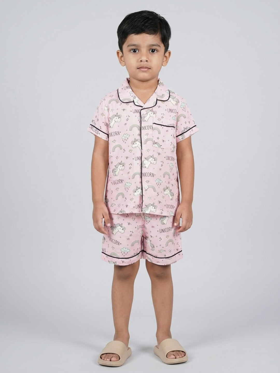 Biglilpeople Kids Unisex Unicorn Printed Pink Color Rayon Short Sleeves Shirt & Shorts Nightsuit