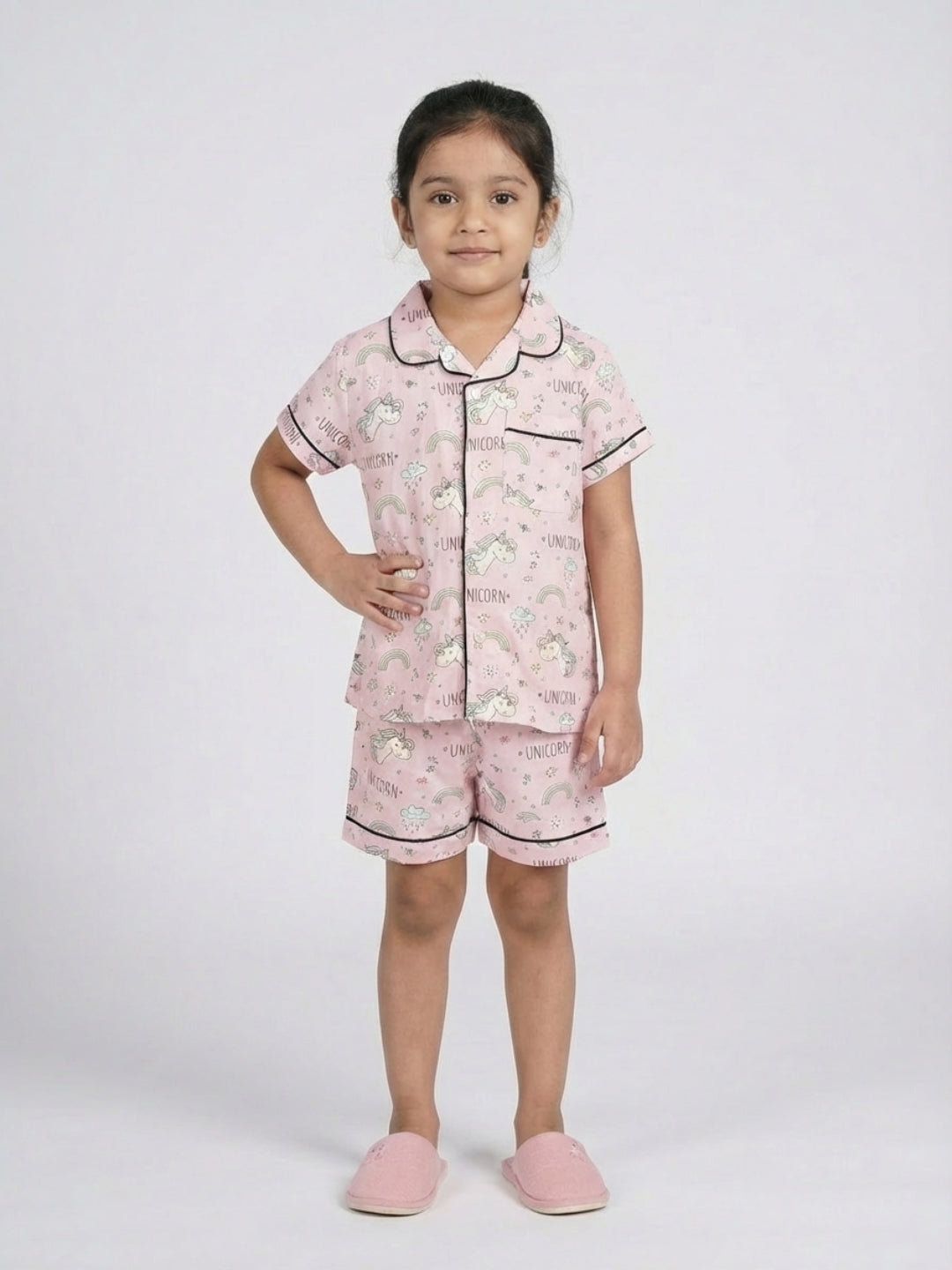 Biglilpeople Kids Unisex Unicorn Printed Pink Color Rayon Short Sleeves Shirt & Shorts Nightsuit