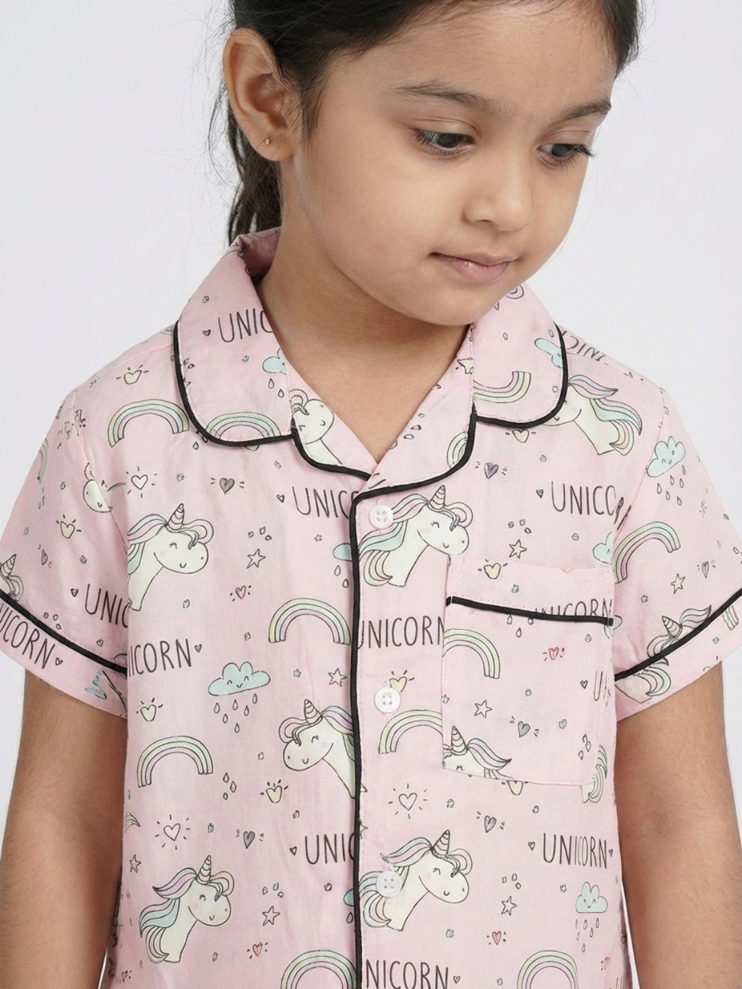 Biglilpeople Kids Unisex Unicorn Printed Pink Color Rayon Short Sleeves Shirt & Shorts Nightsuit