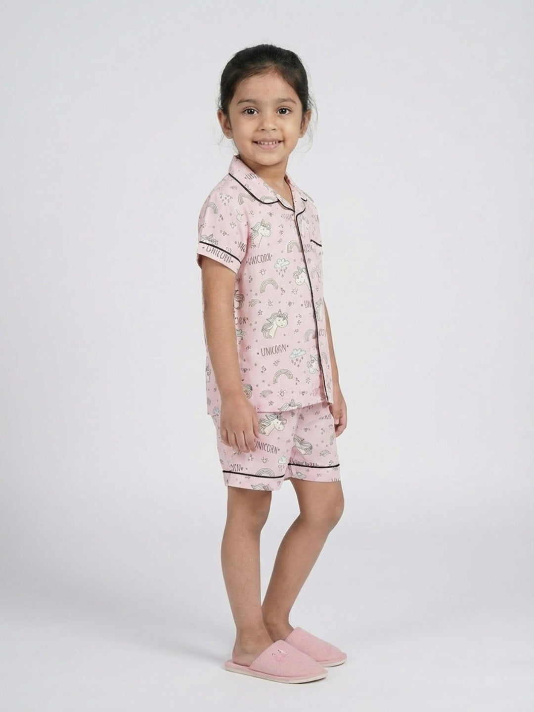 Biglilpeople Kids Unisex Unicorn Printed Pink Color Rayon Short Sleeves Shirt & Shorts Nightsuit