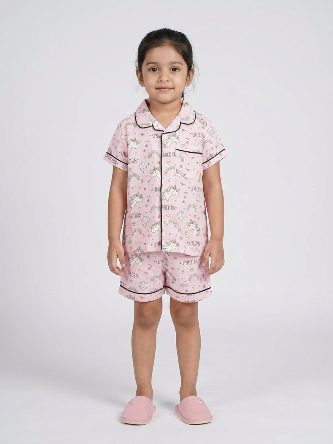 Biglilpeople Kids Unisex Unicorn Printed Pink Color Rayon Short Sleeves Shirt & Shorts Nightsuit