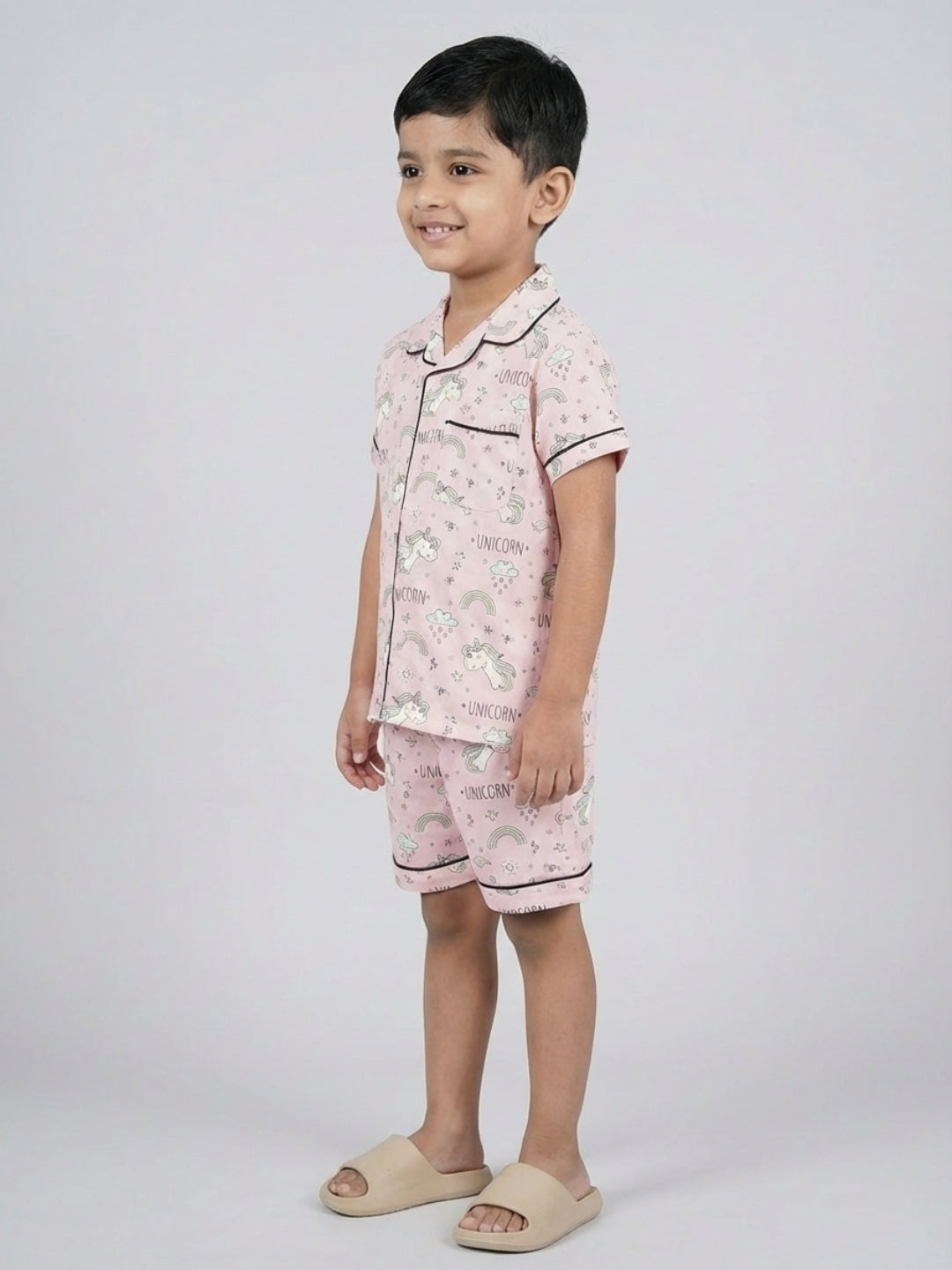 Biglilpeople Kids Unisex Unicorn Printed Pink Color Rayon Short Sleeves Shirt & Shorts Nightsuit
