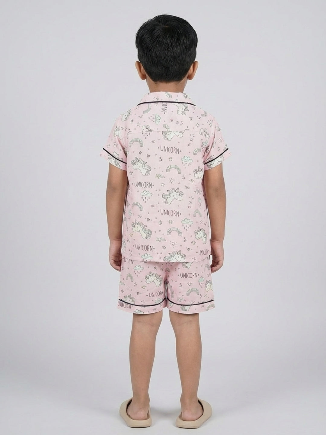 Biglilpeople Kids Unisex Unicorn Printed Pink Color Rayon Short Sleeves Shirt & Shorts Nightsuit