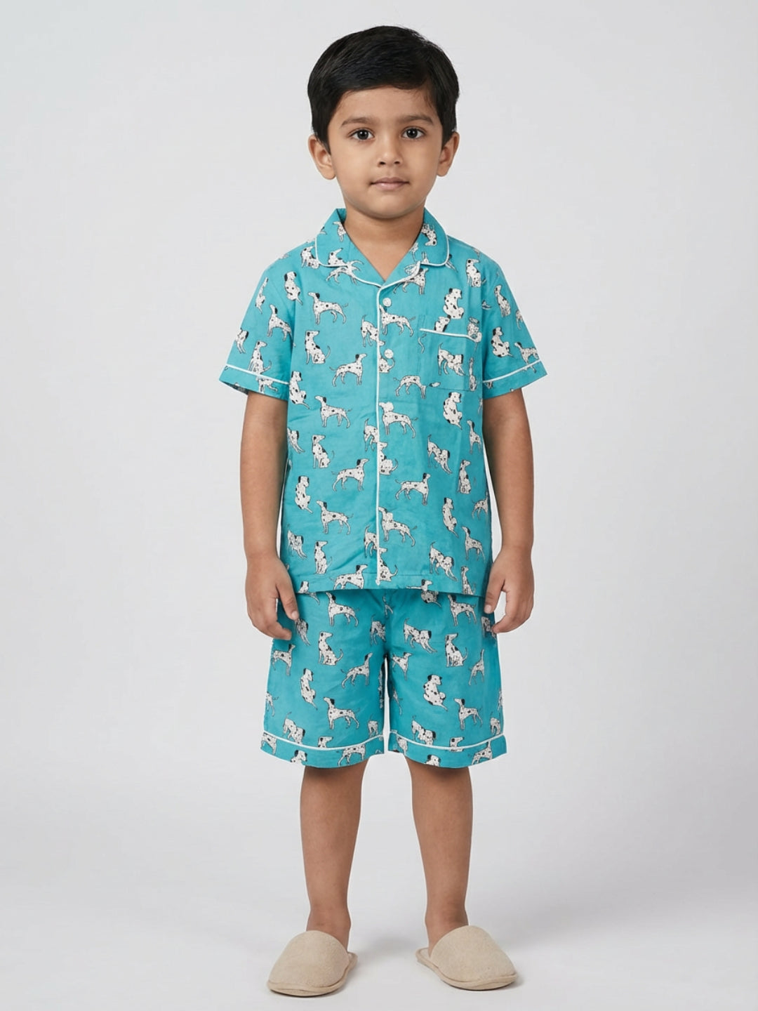 Biglilpeople Kids Unisex Dog Animal Printed Teal Color Rayon Half Sleeve Shirt & Short Nightsuit