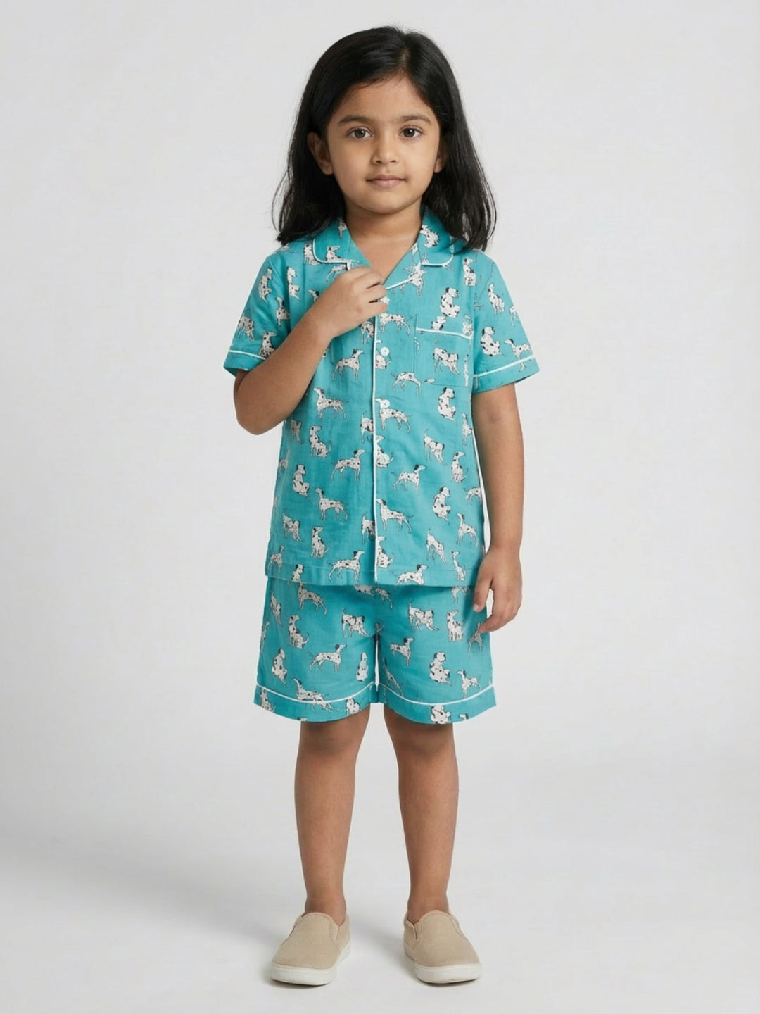 Biglilpeople Kids Unisex Dog Animal Printed Teal Color Rayon Half Sleeve Shirt & Short Nightsuit