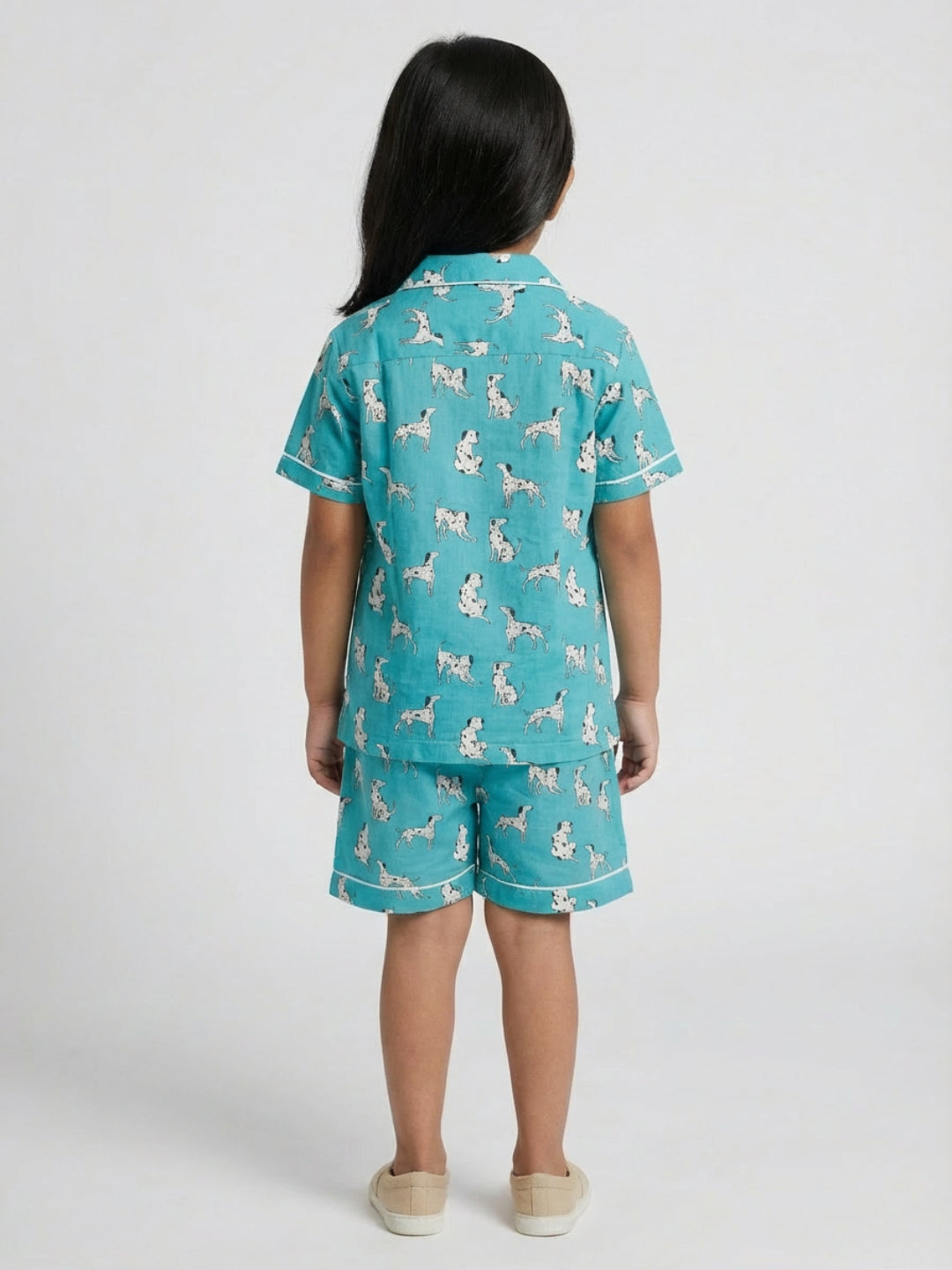 Biglilpeople Kids Unisex Dog Animal Printed Teal Color Rayon Half Sleeve Shirt & Short Nightsuit