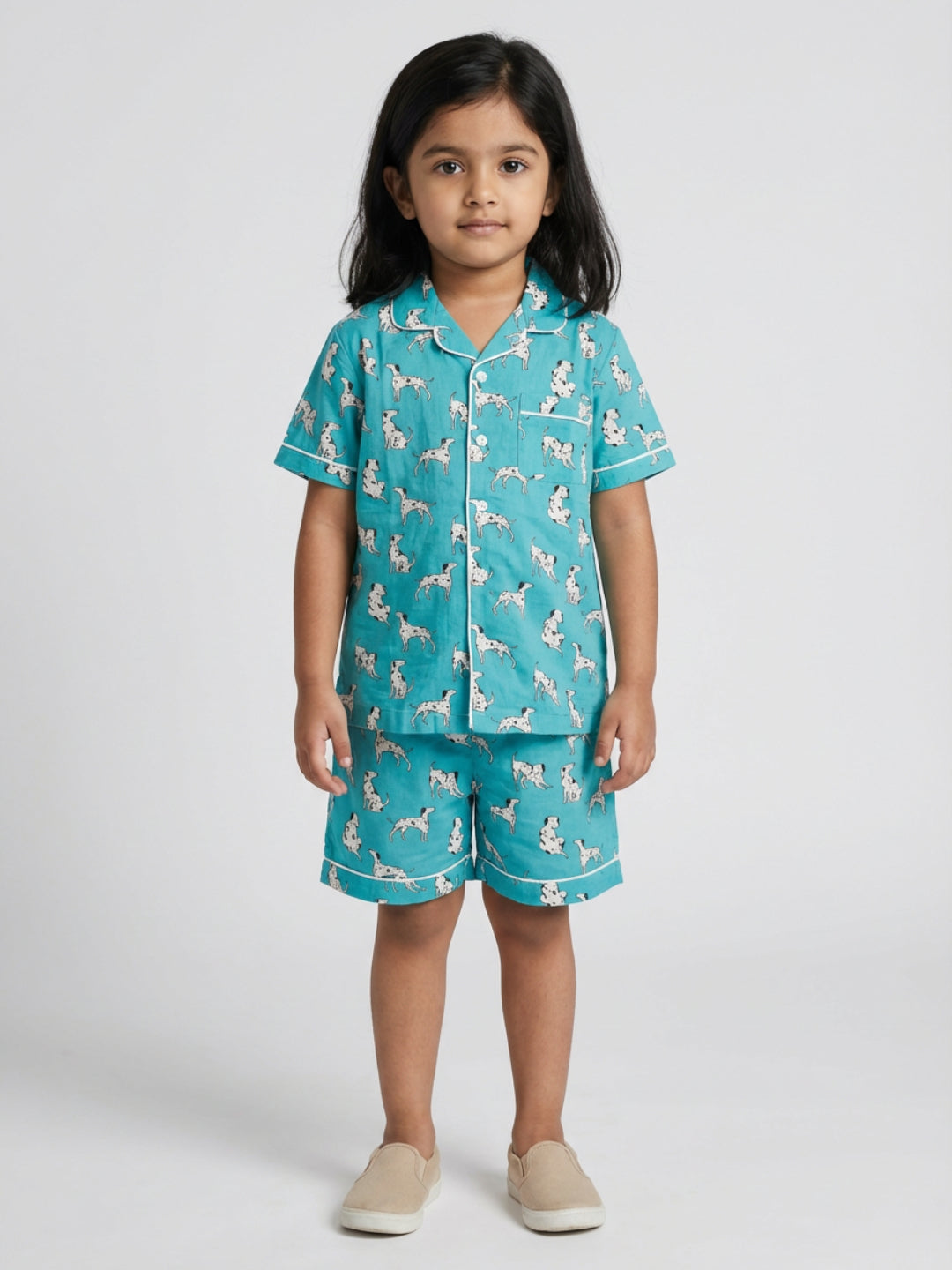 Biglilpeople Kids Unisex Dog Animal Printed Teal Color Rayon Half Sleeve Shirt & Short Nightsuit