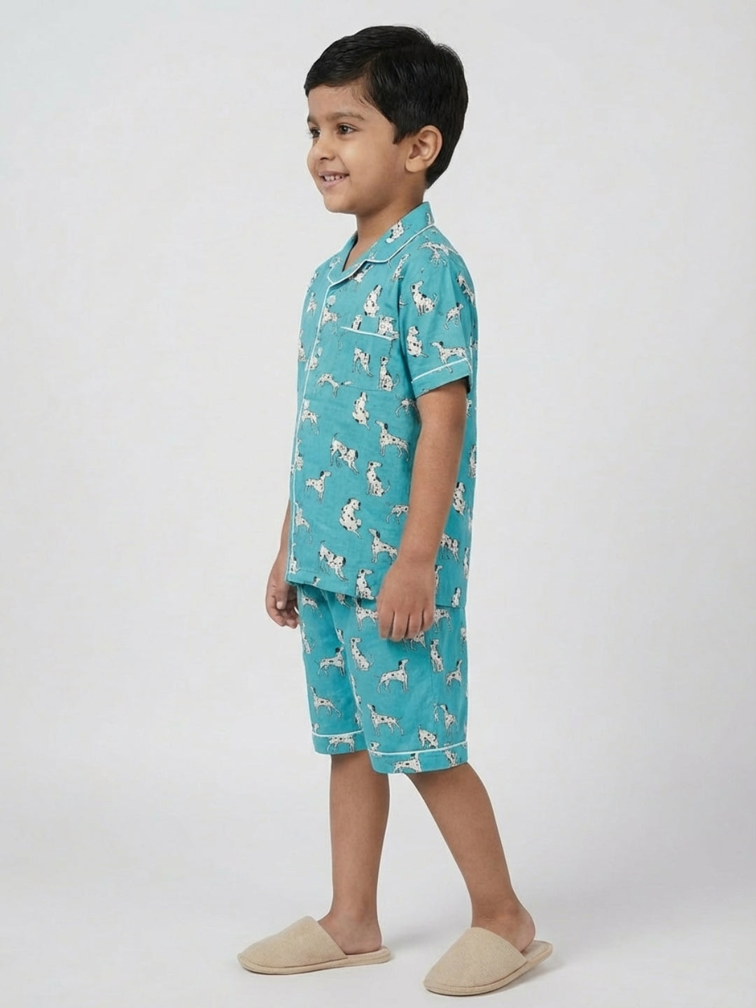 Biglilpeople Kids Unisex Dog Animal Printed Teal Color Rayon Half Sleeve Shirt & Short Nightsuit