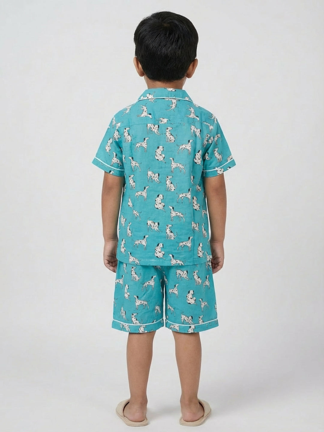 Biglilpeople Kids Unisex Dog Animal Printed Teal Color Rayon Half Sleeve Shirt & Short Nightsuit