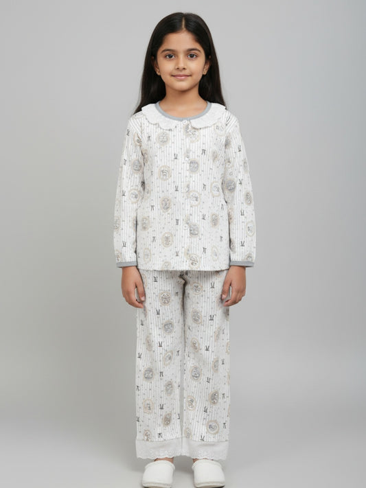 Biglilpeople Girls Printed Cotton Night Suit with Peter Pan Collar