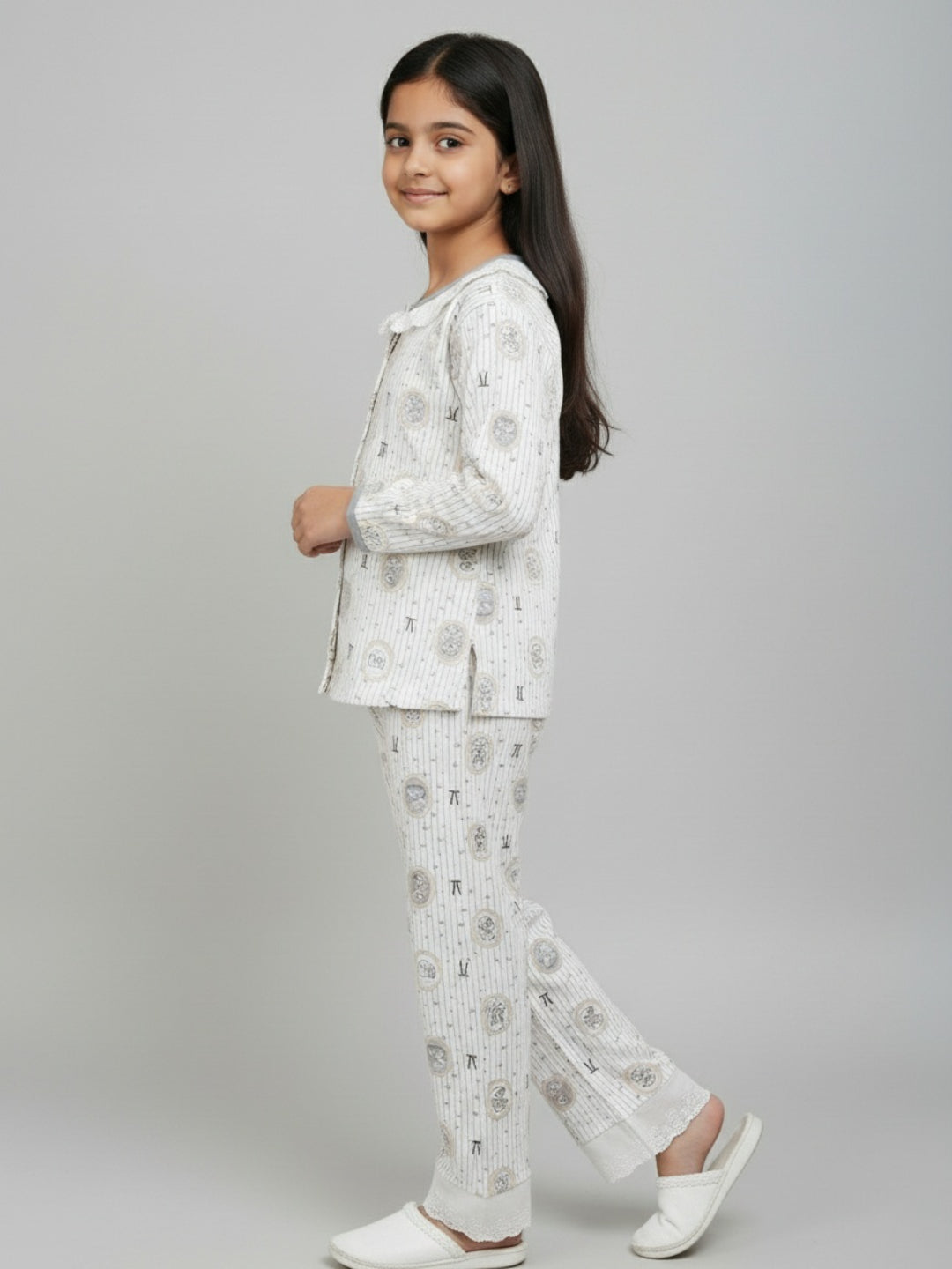 Biglilpeople Girls Printed Cotton Night Suit with Peter Pan Collar